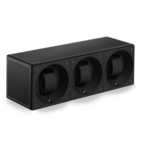 Swiss Kubik Multiple in Leder Zwart met Ecru stiksel